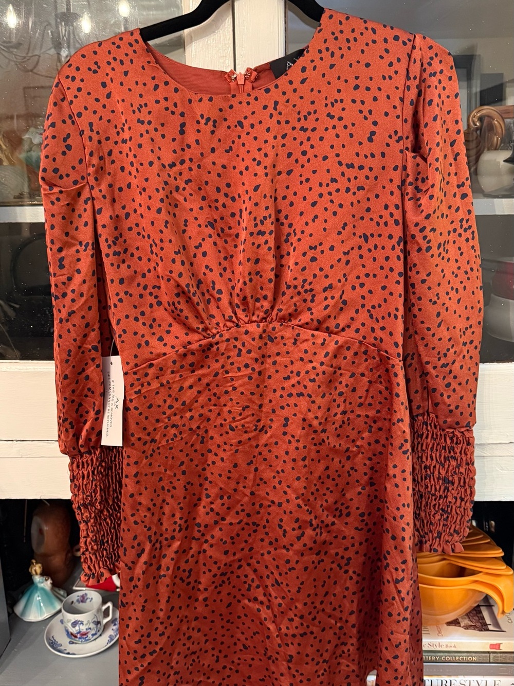 A/X Armani Exchange Rust Red Midi Dress with Black Spot Print